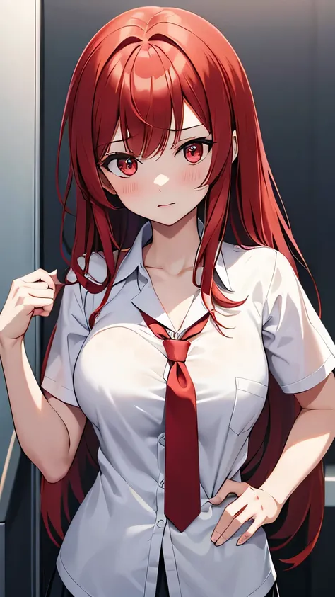 Anime girl with red hair and white shirt posing in an elevator, Anime drawing by Shitao, Pixiv, Process Art,  Seductive Anime Girls, , top rated on Pixiv, Mikudayo, |  anime with attention to detail, have large breasts,  Kantai Collection Style , Blue ribb...