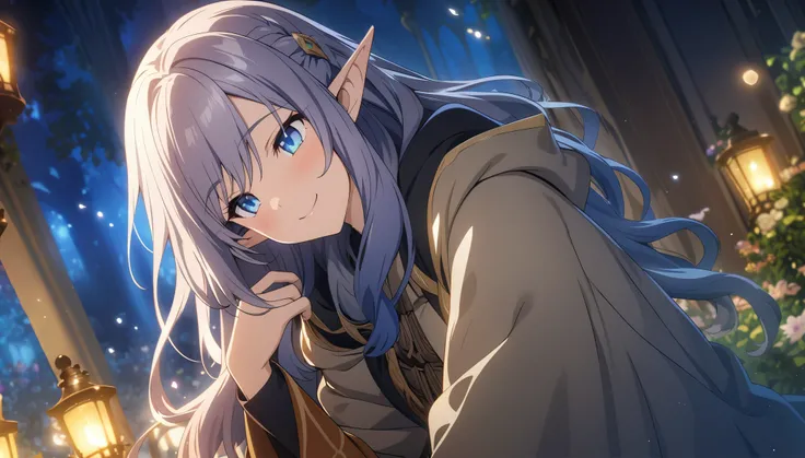 masterpiece、1 Elf Girl, Long Hair, blue eyes,  Dark Elf Girl,  Mage Robe, CG, The Singing Bard,smile,Light effects,Secret conversation in the royal garden、night