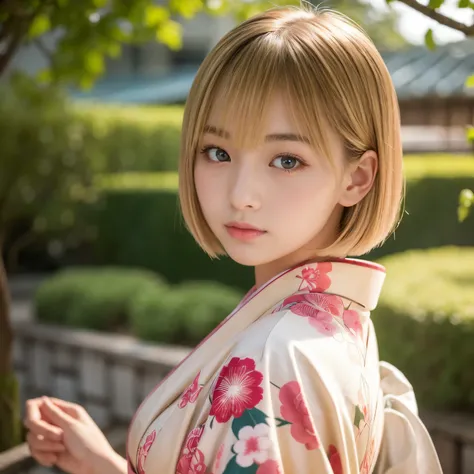 
 18-year-old very beautiful Japanese girl、  beautiful detailed face 、Blonde、Short Bob、Slender body、Light in your eyes、Soft lips、 reddened cheeks 、Old-fashioned kimono 