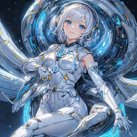 ((Holographic glow effect)),(masterpiece、Best Quality、Highest Resolution、Clear_image、Detailed details): (Whole body、A 20 year old girl、Japanese Faces、Small Face、Slender、Navy blue super short bob cut hair、(Hidden small breasts:1.3)、Sparkling blue eyes、Shiny...