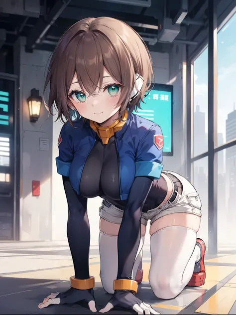 aile_megamanzx, kneeling with hands on the ground and , 1girl, solo, short hair, brown hair, short sleeves, (bodysuit), robot ears, green eyes, short_shorts, short sleeves, short over long sleeves, smile, in futuristic city, , high quality, large_breasts,c...