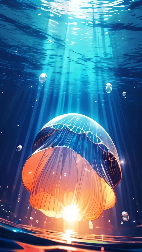 sunrise time, 
BREAK Dawn seen from the sea, Highly transparent underwater, early morning, aesthetic, 
BREAK Bathed in the morning sun underwater、Colorful jellyfish, Transparent full color, Holographic, 
Aesthetic transparent light that highlights the jell...