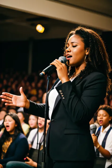  create a photograph of a gospel singer with a microphone in her hand, Singing audience 