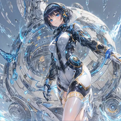 ((Holographic glow effect)),(masterpiece、Best Quality、Highest Resolution、Clear_image、Detailed details): (Whole body、A 20 year old girl、Japanese Faces、Small Face、Slender、Navy blue super short bob cut hair、(Hidden small breasts:1.3)、Sparkling blue eyes、Shiny...