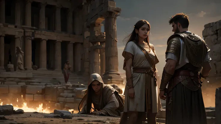 cinematic detailed ancient greek city, crying people, 1st century AD clothing, high quality, photorealistic, intricate details, dramatic lighting, muted color palette, moody atmosphere, cinematic composition, epic scene