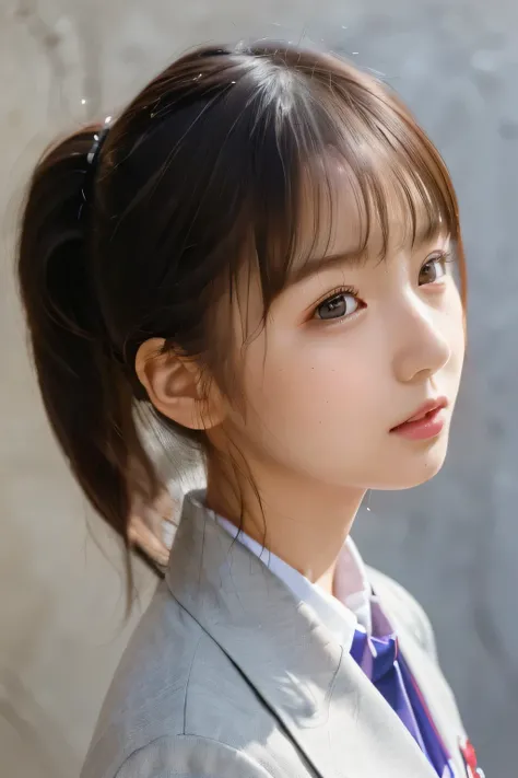 (90s Pattern:1.2)、(masterpiece、Best Quality、Ultra-detailed、Ultra-high resolution)、girl、solo、(slim、Slender、cute:1.2)、 ponytail、(Face Shot:1.35)、(( concrete background ))、(Japanese High School Uniform:1.23)、