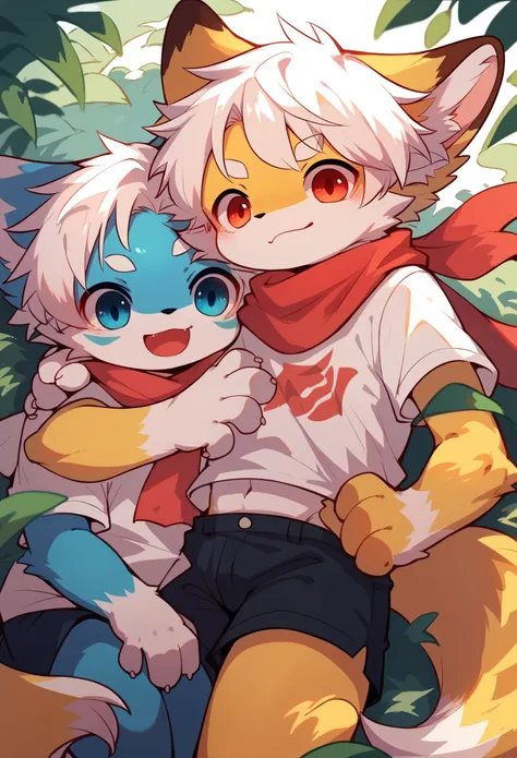 fox boy，furry boy，characteristics of young children，white hair，yellow skin，white arm，short sleeve，red scarf