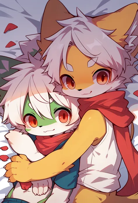 fox boy，furry boy，characteristics of young children，white hair，yellow skin，white arm，short sleeve，red scarf