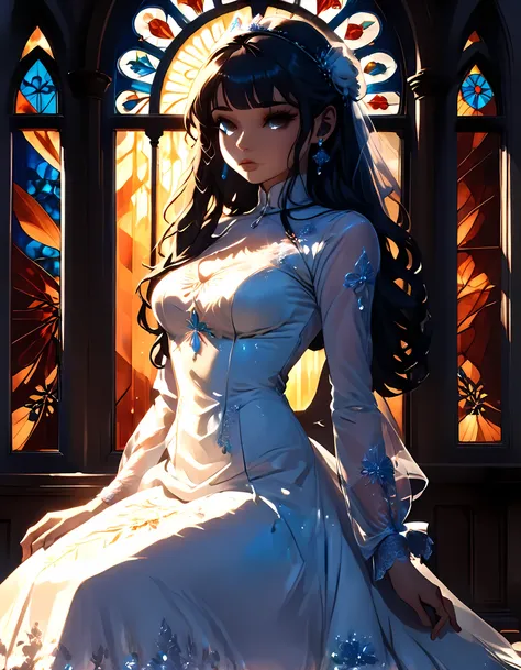 a picture of a bride siting alone near the altar after her groom left her, she is wearing a brides white dress, intricate dress, high heels, churchs altar background, the church is empty, sunset sunrays coming through the stained glass windows, a sense of ...