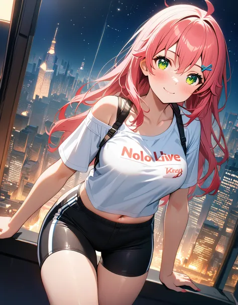 (8k、Best image quality、highest quality、masterpiece)、Detailed face、 1teen_girl、pink Hair、Long Hair、green_eyes、smile,(navel_peek)、(large_breasts),(White_short_T-shirt:1.5)、Off the shoulder、Black shoulder straps、(short_bike_shorts)、City Background, starry_sky...