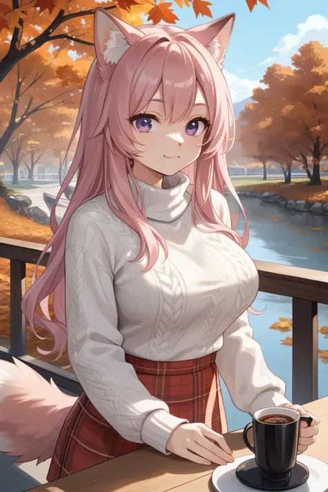 score_9, score_8_up, score_7_up,source_anime,rating_safe,cute,kawaii,source_furry,wolf anthro,BREAK uncensored,1girl, solo, purple eyes, long hair, bow, pink hair,large breasts,A beautiful autumn day unfolds under a clear sky. The crispness of the air hint...