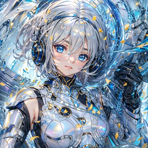 (Holographic glow effect)),(masterpiece、Best Quality、 highest resolution 、Clear_image、Detailed details): (Whole body、A 20 year old girl、Japanese Faces、Small Face、Slender、Navy blue super short bob cut hair、(Hidden small breasts:1.3)、Sparkling blue eyes、Shin...