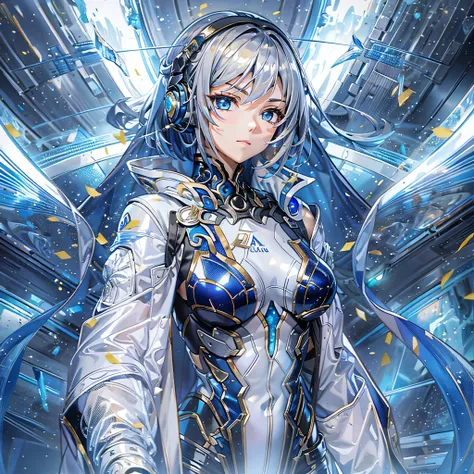 (Holographic glow effect)),(masterpiece、Best Quality、 highest resolution 、Clear_image、Detailed details): (Whole body、A 20 year old girl、Japanese Faces、Small Face、Slender、Navy blue super short bob cut hair、(Hidden small breasts:1.3)、Sparkling blue eyes、Shin...