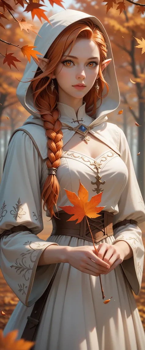 score_9, score_8_up, score_7_up, (masterpiece, UHD, 8K, 16K, ultra detailed), sfw, upperbody shot, 1girl, elf, orange eyes, one side braided hair, ginger hair, holding a red leaf, white dress with hood, intricate details, (murmuring leaves), (wind:1.2), (m...