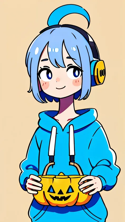 Mash Hair Short Hair Blue hair Im wearing a blue hoodie Im wearing headphones 1 male smile my iris is yellow Narrow eyes My cheeks are white The whole body is shown looking into the distance Im wearing a Halloween pumpkin on my head my whole body...