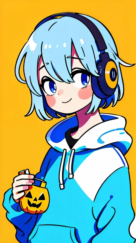 Mash Hair Short Hair Blue hair Im wearing a blue hoodie Im wearing headphones 1 male smile my iris is yellow Narrow eyes My cheeks are white The whole body is shown looking into the distance I have a Halloween pumpkin my whole body is on camera