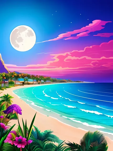 a beach with palm trees and a full moon in the sky, magical beach, beautiful vibrant colors, jen bartel, beautiful magical palm beach, detailed dreamscape, gorgeous background, amazing background, beautiful color art!, 🌺 cgsociety, synthwave colors!!, magn...