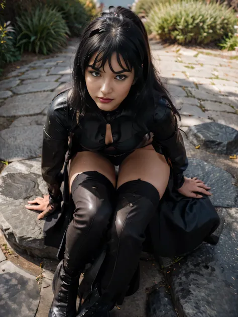 proFessional  photograph oF a gorgeous shy smile soaked Bettie page waitin for  her lover, dressed with a large medieval black cloth cloack ,ponytail Black hair, red lipstick,black long maxi-skirt(black long maxi-skirt:1.2),sultry Flirty look, gorgeous sym...