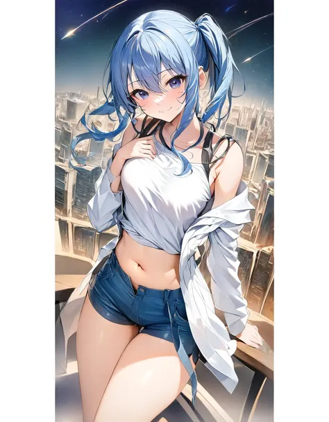 (8k、best image quality、highest quality、masterpiece)、detailed face、 1teen_girl、blue hair、long hair、sideponytail、dark_blue_eyes、sm...