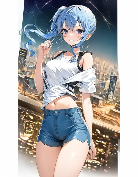 (8k、best image quality、highest quality)、detailed face、 1teen_girl、blue hair、long hair、sideponytail、dark_blue_eyes、smile,(peek_na...