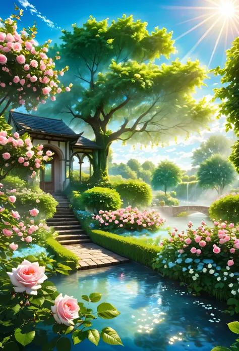 (illustration:1.3), (Secret Garden), Lush, Floral, Rose, (Cherry tree,plant), summer morning (Light Blue)Sky, floating clouds, The sun reflects off the flour and the river that flows through the garden (Practical:1.5), (Good light blocking properties), Goo...