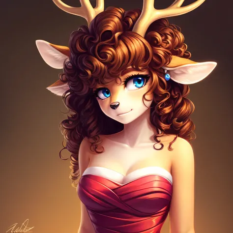 White fur, deer, curly hair, strapless dress, cleavage, high resolution, earrings,