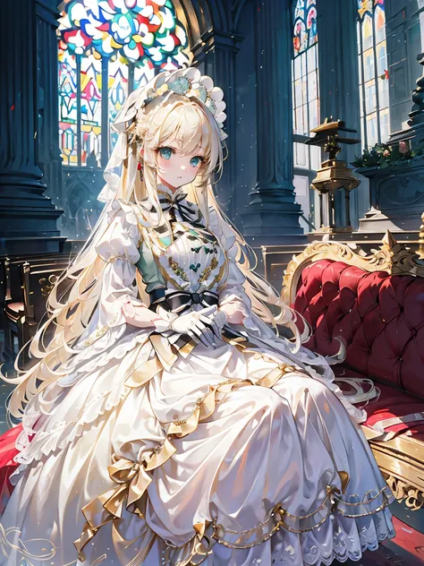 Long blonde hair, green eyes, mature, girl, In front of the altar of a majestic church、（blurred background）、brighter light、long laced sleeves, Classic white and red lolita Wedding Dresses、（elegant luster）、sitting on a bench, lots of black ribbons、((volumin...