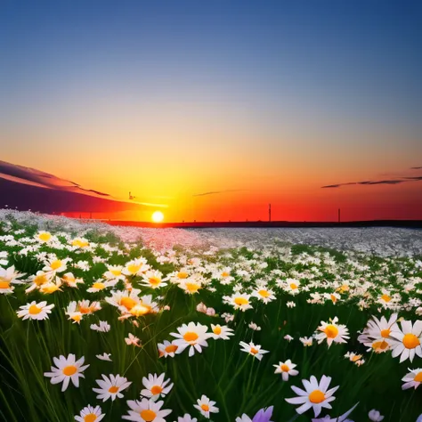 a close up of a field of flowers with a sunset in the background, a picture by Tadashi Nakayama, tumblr, photorealism, an aesthetic field of flowers, field of flowers at night, lying on a bed of daisies, daisies, lots of little daisies, flowers everywhere,...