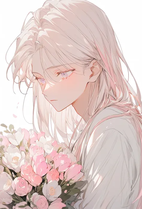 Soft lines、boy、White hair、 straight hair 、((((Holding a light pink bouquet))))、💐💐💐💐💐💐💐💐💐💐💐、Upper body、WhiteＴshirt、 white background for the head only、forward、Look at me
