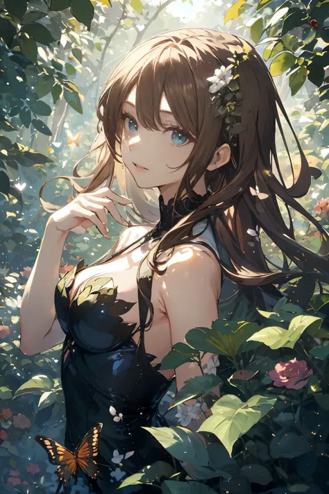 landscape(masterpiece, Best Quality,  High Resolution)， Young woman with long hair ， Fresh green leaves and flowers wrapped around her body，vine，photography，Butterfly,  Colorful Flowers,  delicate shadow of petals ，anime style， Perfect composition ，Spectat...