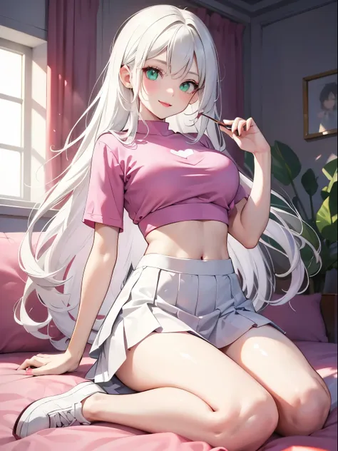 ((masterpiece)), ((best quality)), (8k), beautiful woman, white hair, long layered hair, (pastel colors), (detailed face), green...