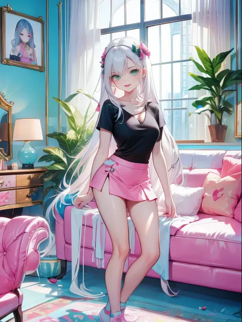 ((masterpiece)), ((Best quality)), (8k), beautiful woman, white hair, long layered hair, (pastel colors), (detailed face), green eyes, red lips, smiling, pink t-shirt with black lines, tight t-shirt, bare abdomen, cleavage, (perfect body), (bright colors),...