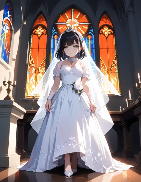 a picture of a bride siting alone near the altar after her groom left her, she is wearing a brides white dress, intricate dress, high heels, churchs altar background, the church is empty, sunset sunrays coming through the stained glass windows, a sense of ...