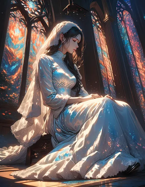 a picture of a bride siting alone near the altar after her groom left her, she is wearing a brides white dress, intricate dress, high heels, churchs altar background, the church is empty, sunset sunrays coming through the stained glass windows, a sense of ...