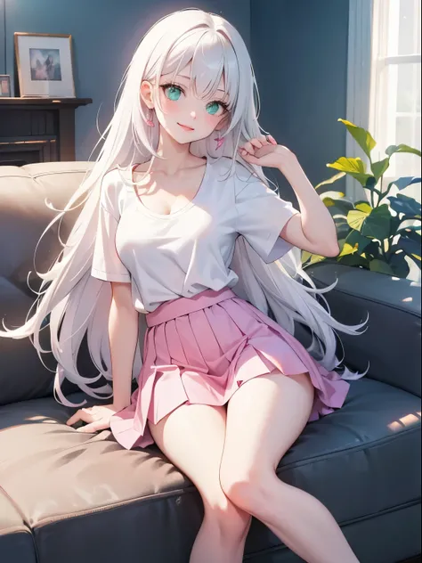 ((masterpiece)), ((Best quality)), (8k), beautiful woman, white hair, long layered hair, (pastel colors), (detailed face), green eyes, red lips, smiling, pink t-shirt with black lines, tight t-shirt, bare abdomen, cleavage, (perfect body), (bright colors),...