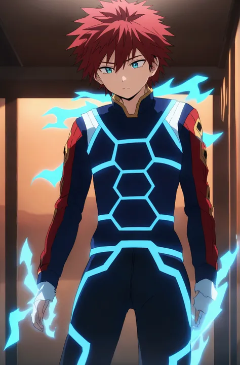 He is a 21 year old adult, has red hair, slightly disheveled, turquoise eyes, He is dressed in civilian clothes, 8K, High quality, masterpiece, normal lighting, anime effect MHA, bright colors, full body