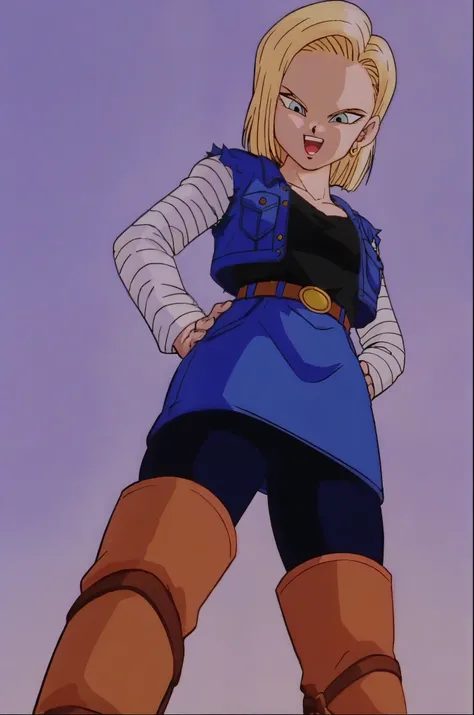 source_anime, score_9, score_8_up, score_7_up, anime screencap, source_anime, score_9, score_8_up, score_7_up, anime screencap, detailed face, retro artstyle, 1990s (style), android 18, classic look, 1girl, solo, from deep below, looking down at viewer,sho...