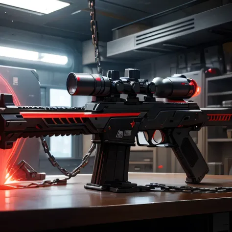 Futuristic laser rifle with red vortex in position on a counter, in a command base scenario with cutting-edge technology and chains