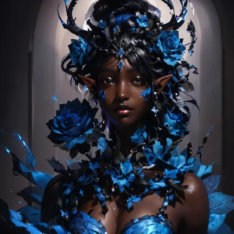 there is a black woman with very dark skin,  blue and orange eyes ,  with blue flowers and a wreath ,  portrait of a dark fantasy nymph,  beautiful and elegant elf queen , dark skinned female goddess of love,  portrait of an elf queen , Very beautiful elf ...