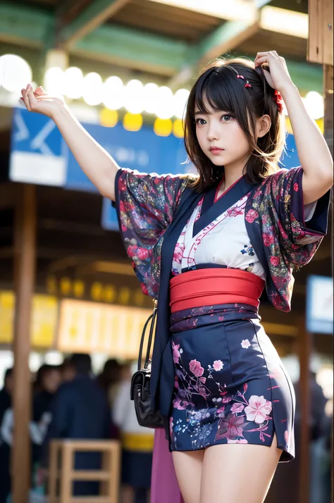  1 girl, (Looking at the viewer),  (Bokeh:1.1), Open lips,expressionless, Realistic, Raise your arms, tights,
skirt, Skyline,
Realistic, yukata,kimono,festival
