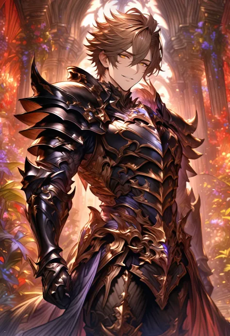 absurdres, highres, ultra detailed, HDR, master piece, best quality, Sigfried, brown hair, hair between the eyes, expressive yellow eyes, short hair, Granblue Fantasy, solo, sexy man, sensual, adult face, handsome, black clothes with dark knight armor, man...