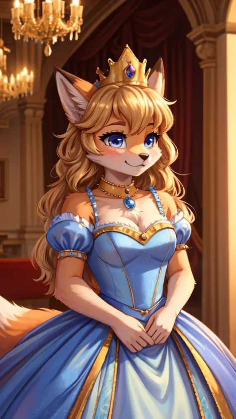 furry fox woman like princess wearing crown, , cute, 8k,fuzzy fur, cute outfit, cute face, wearing dress like cinderella, highly...