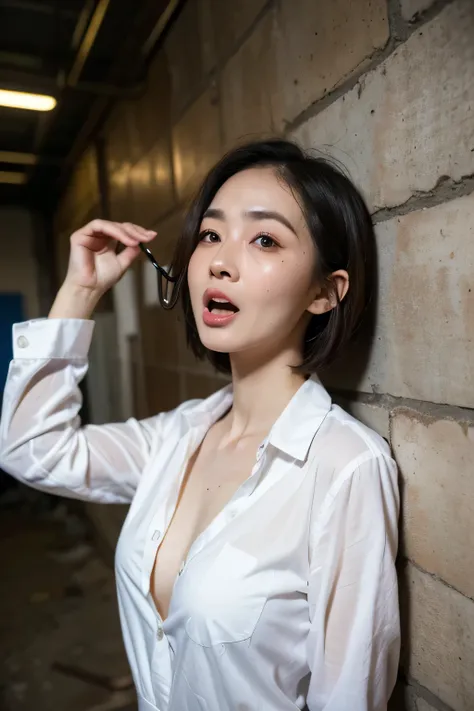 (Best Quality, 8K wallpaper, Very realistic pictures,  High Resolution , Detailed face, Detailed skin, masterpiece), Natural Light, A beautiful 40-year-old Japanese woman is screaming to stop, (Short Bob Hairstyles:1.3), small, delicate, Thin face, (wrinkl...