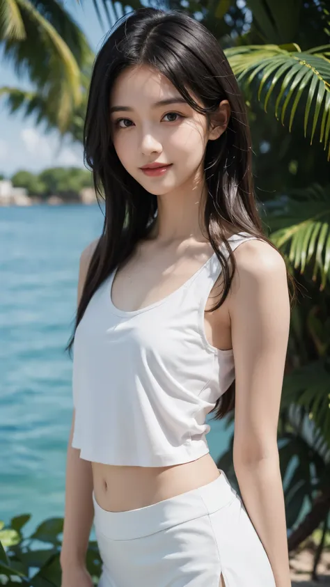 The sea sparkling in the morning sun , (Sexy white micro tank top and white slit skirt: 1.2), Tropical islands, Palm trees,Straight hair,Long Hair, Dark blue eyes, 1 girl, 20 years old, (Intricate details: 1.2), (Detailed eyes), タレ目,(Detailed face), smile,...