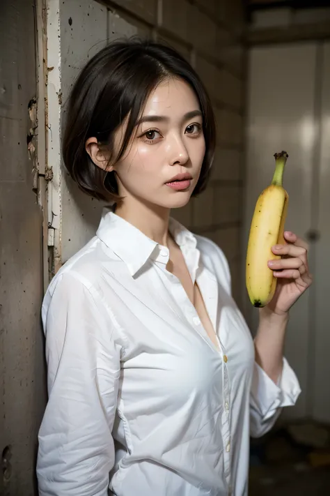 (Best Quality, 8K wallpaper, Very realistic pictures, High Resolution , Detailed face, Detailed skin, masterpiece), Natural Light, A beautiful 40-year-old Japanese woman has a banana stuck in her mouth, (Short Bob Hairstyles:1.3), small, delicate, Thin fac...