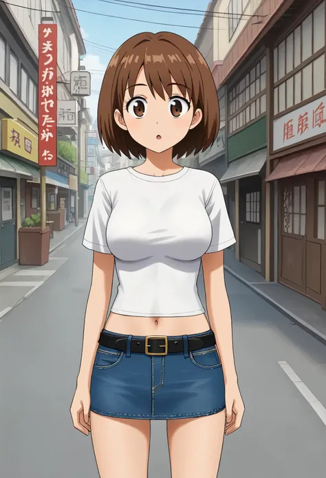 1girl, (masterpiece), best quality, expressive eyes, perfect face, asin anime girl, solo , short brown hair, Japanese street,cowboy shot, white blouse,short sleeves,mini-jeans-skirt, black belt, navel peak ,front view , breasts 