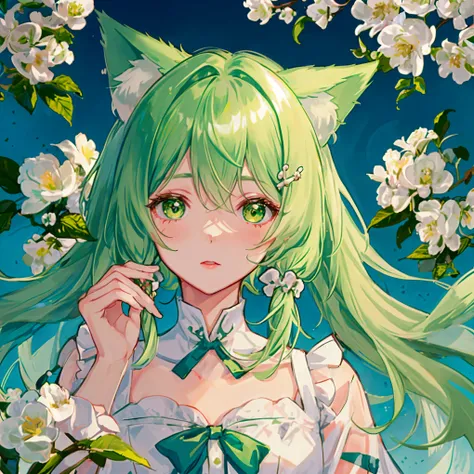 green hair， Ears dotted with white flowers ， Long hair tied into a small bag hanging under the ear，Cute girl，Green Eyelids ，Pink lips，profile