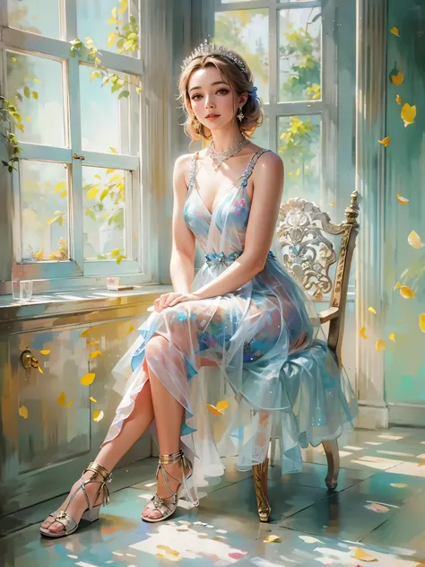 (  better quality), (masterpiece), ( 1girl), One, beautiful girl, perfect face, ideal body, , sexy very transparent dress, indoors, smile, sits on a chair, watercolor, Posing like a model, , simple background, full length portrait, Solar window, pastel col...