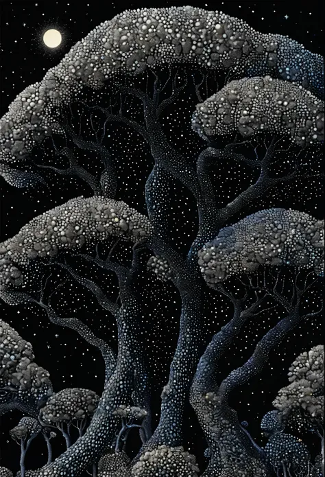 Strange illustration ， Pointillism method ， trypophobia disorder ， Building on treetops，look like，unrealistic，strong visual impact， black background ，Star