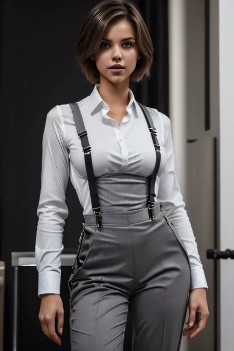 best quality, (photorealistic:1.4), 1girl, (black shirt:1.2), (grey long pants:1.2), (white suspenders:1.4), perfect female figure, full body, facing viewer, blank background, short hair, slim